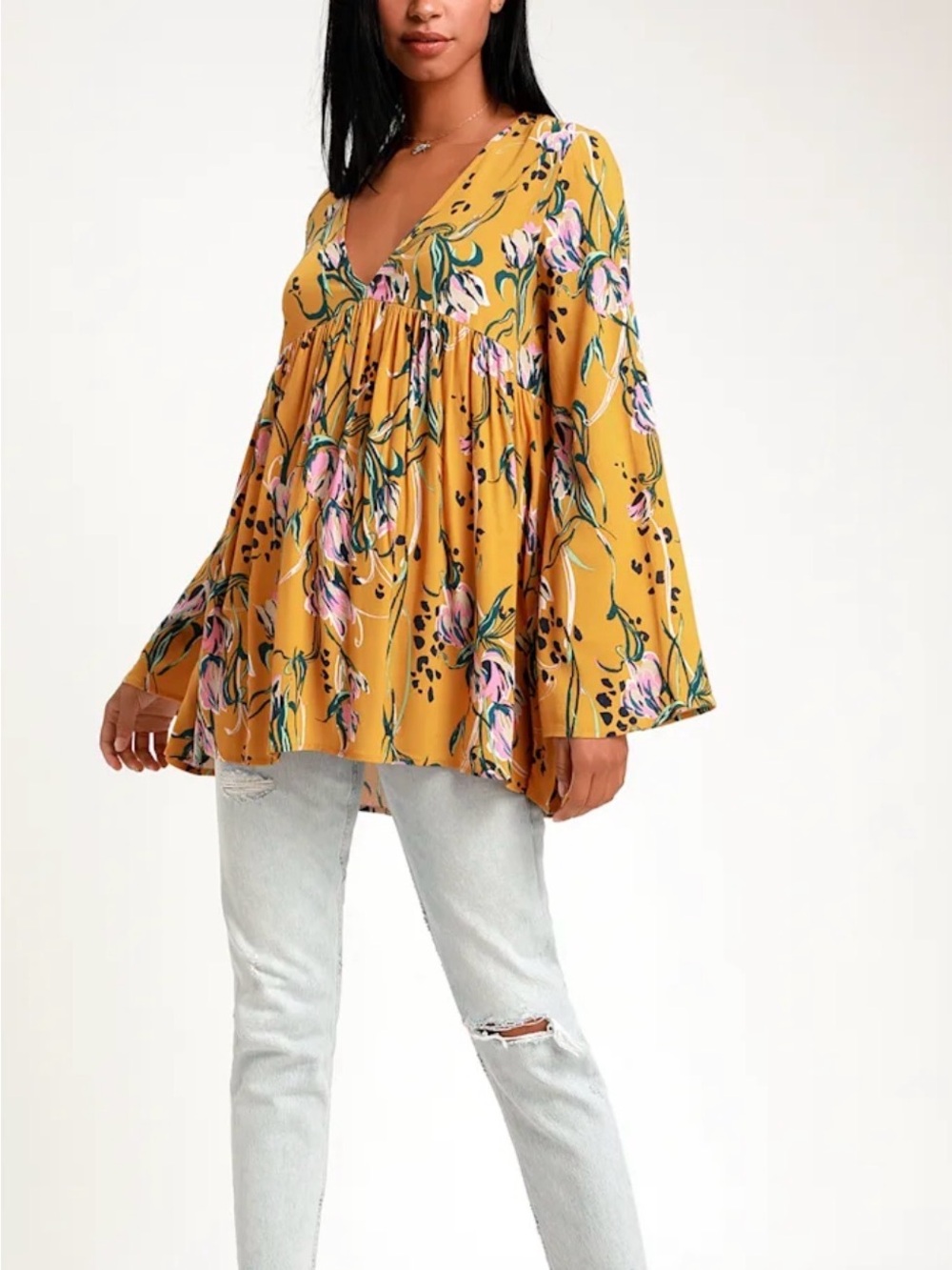 Free People Bella Babydoll Tunic Dress Yellow Floral Small S Long Sleeve